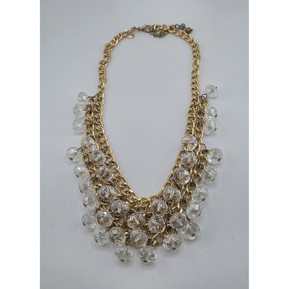 Gold Tone Crystal Bead Bib Statement Necklace Layered Chain Chunky Glam Fashion
